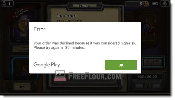 Your order was declined because it was considered high-risk clash of clans Hearthstone