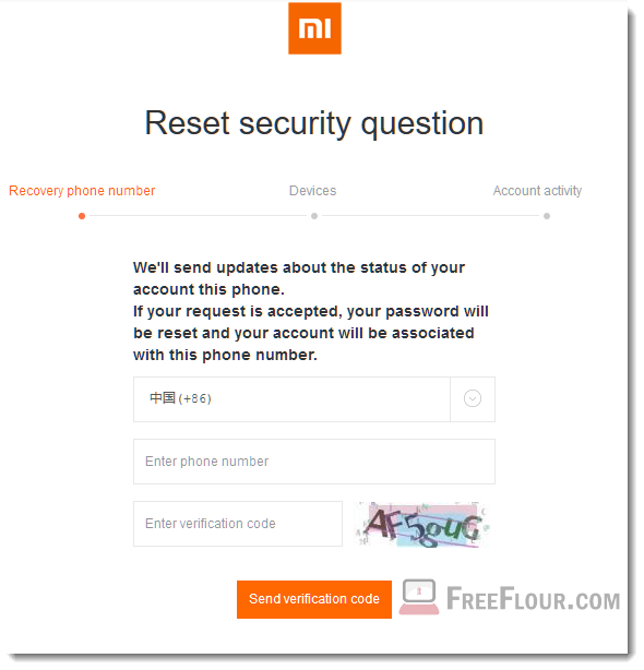 mi reset password security question verification code