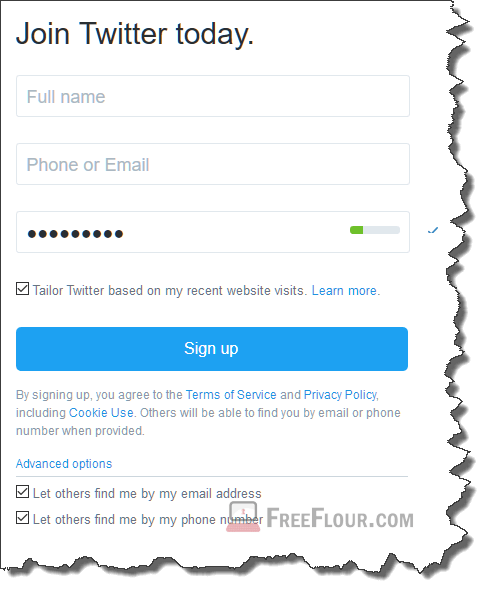 twitter sign up page